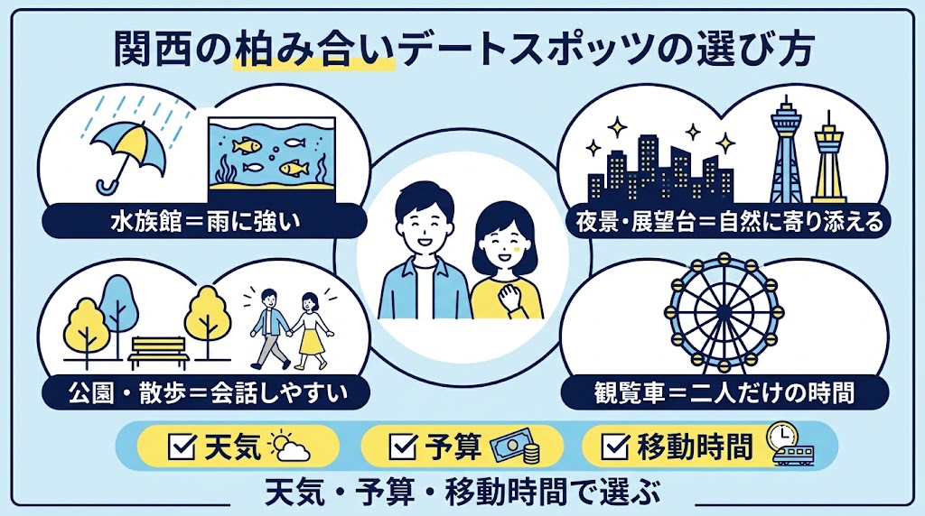 「イチャイチャできる関西デートスポットの選び方」を解説する横長インフォグラフィック