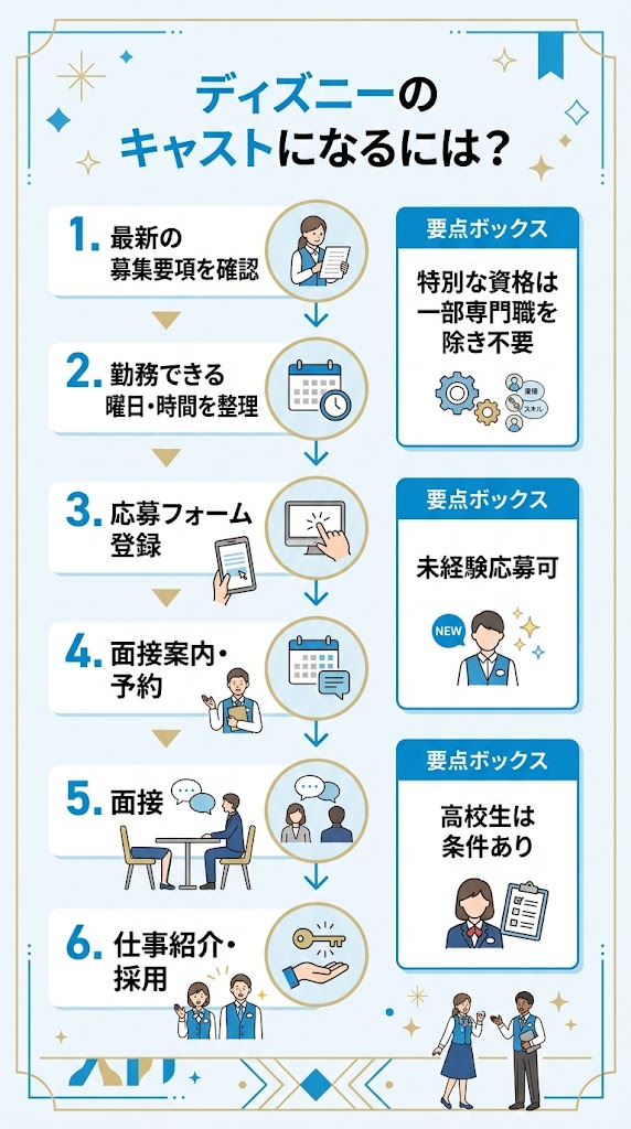 「ディズニーのキャストになるには？」をテーマにした縦長の日本語インフォグラフィック