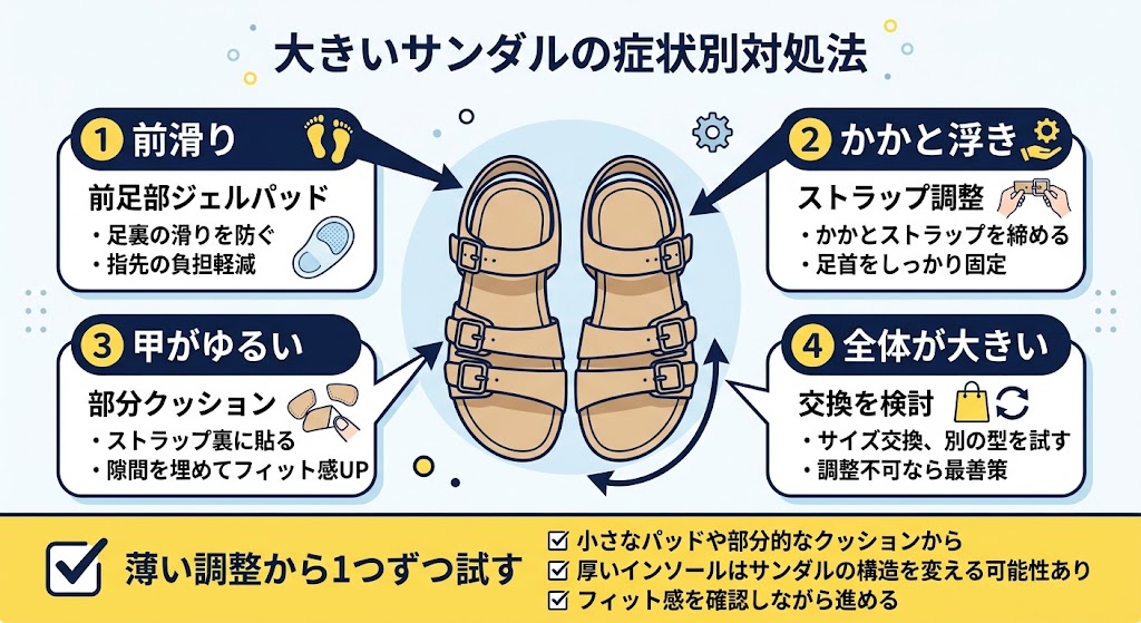 「大きいサンダルの症状別対処法」を1枚で説明する日本語インフォグラフィック