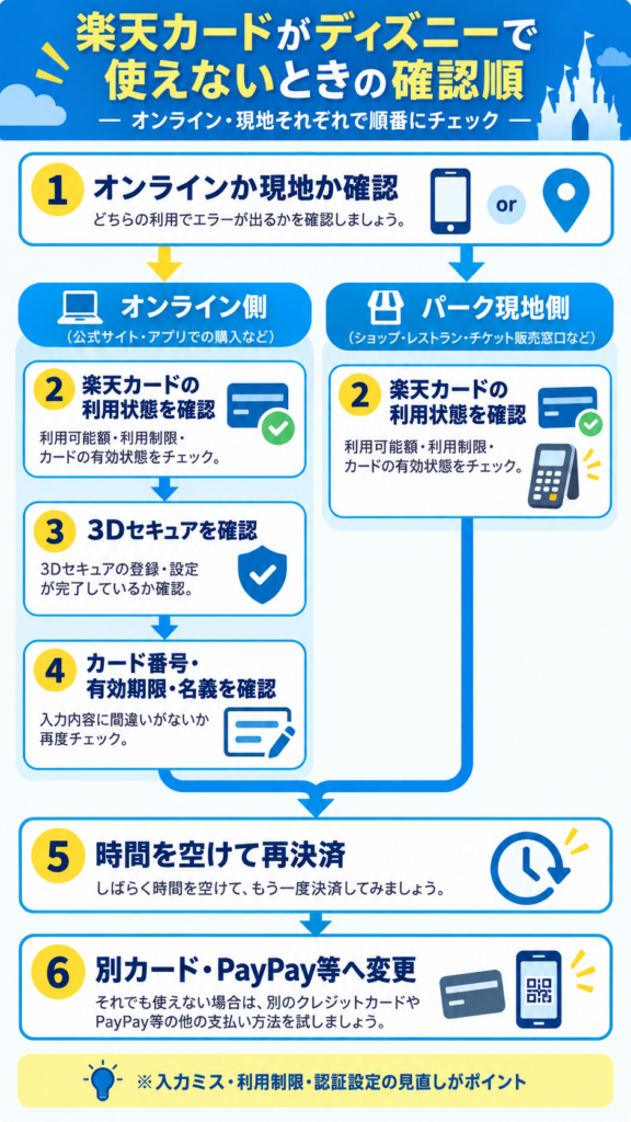 「楽天カードがディズニーで使えないときの確認順」を1枚で理解できる縦型インフォグラフィック
