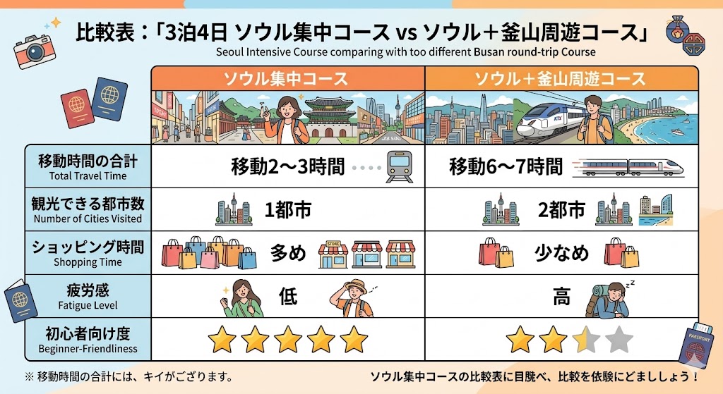 3泊4日 ソウル集中コース vs ソウル＋釜山周遊コース