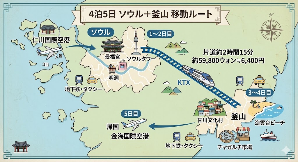 4泊5日 ソウル＋釜山 移動ルート