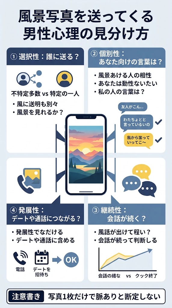 「風景写真を送ってくる男性心理の見分け方」を1枚で理解できる日本語インフォグラフィック