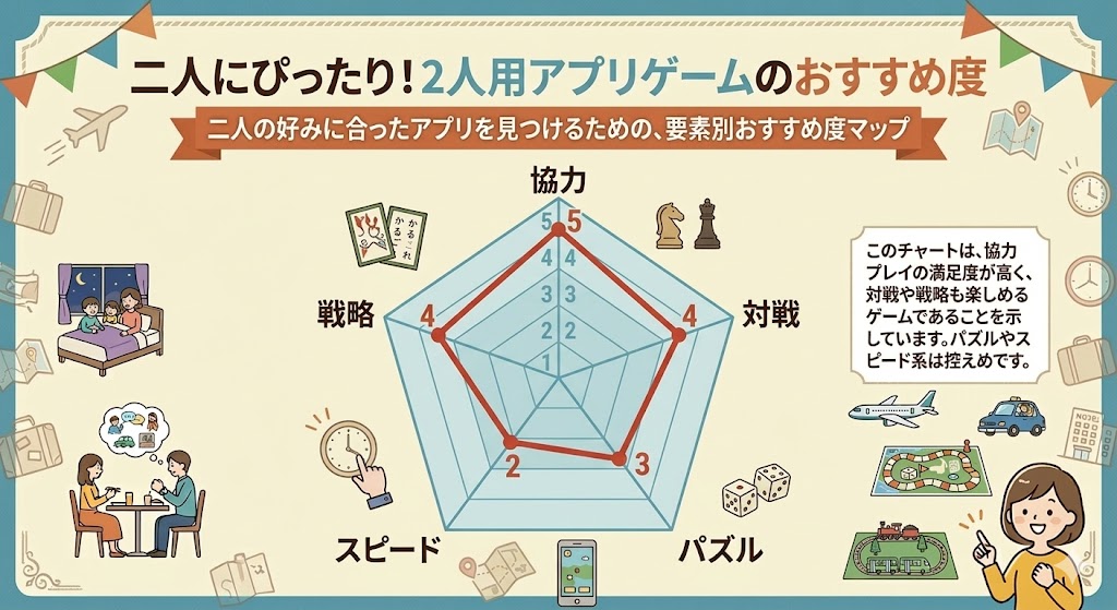 人用アプリゲームの要素別おすすめ度を示すレーダーチャート