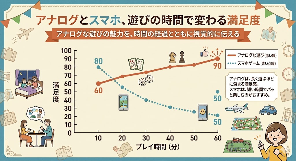 アナログゲームとスマホゲームのプレイ時間に伴う満足度の推移を示す折れ線グラフ
