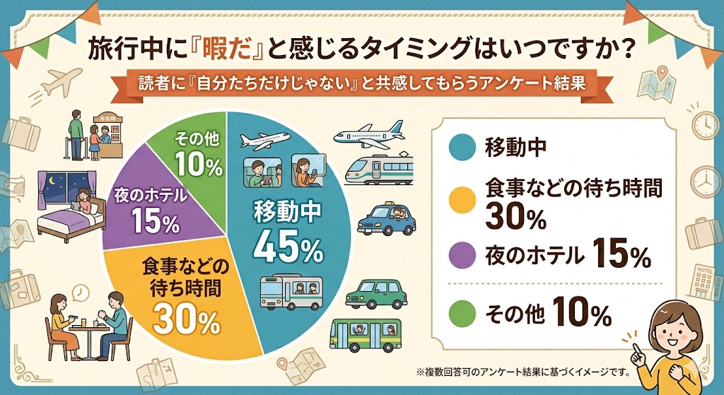 旅行中に暇を感じるタイミングを示す円グラフ
