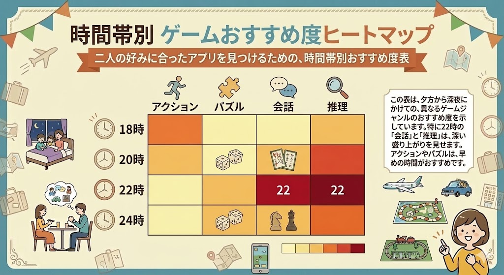 時間帯別のゲームの盛り上がり度を示すヒートマップ表