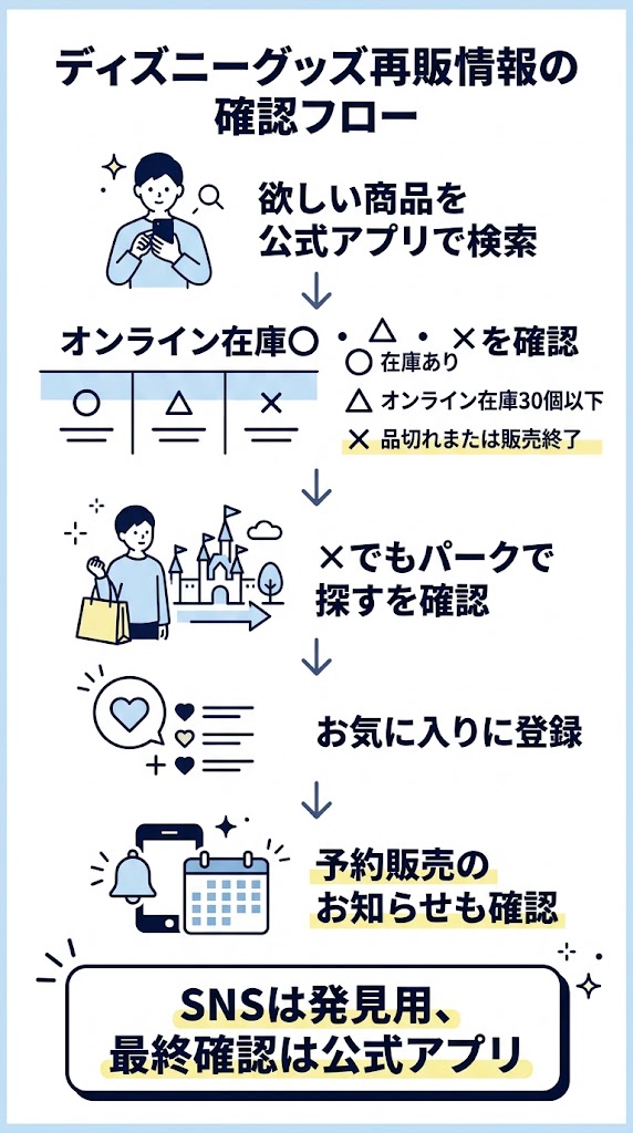 「ディズニーグッズ再販情報の確認フロー」を説明する縦型インフォグラフィック