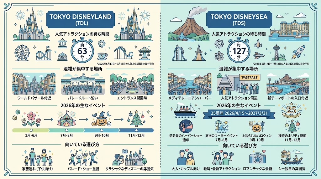 「ディズニーランドとシーの混雑比較」を一目で理解できる横長インフォグラフィック
