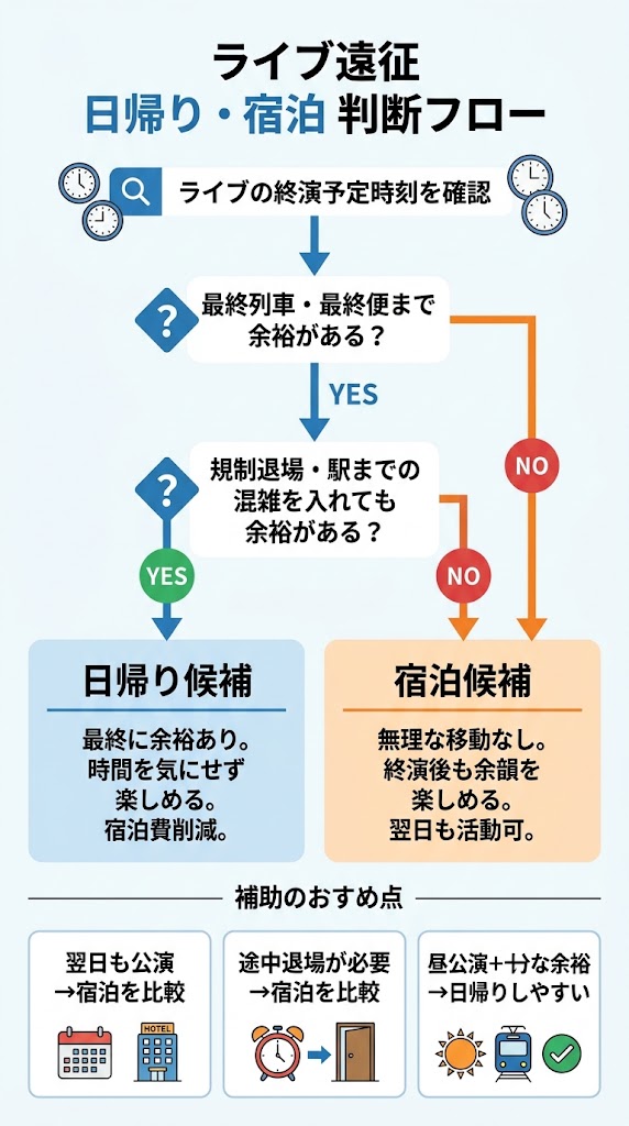 「ライブ遠征 日帰り・宿泊 判断フロー」の縦型インフォグラフィック
