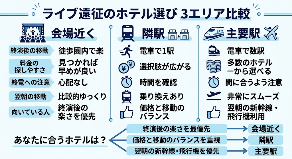 「ライブ遠征のホテル選び 3エリア比較」という日本語インフォグラフィック