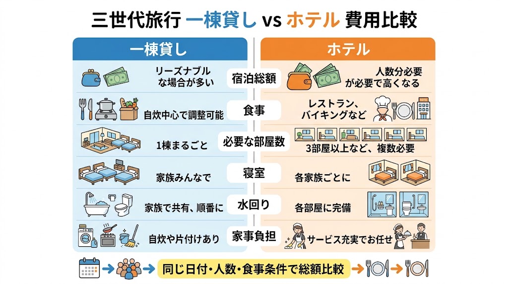 「三世代旅行 一棟貸しvsホテル 費用比較」の横長インフォグラフィック