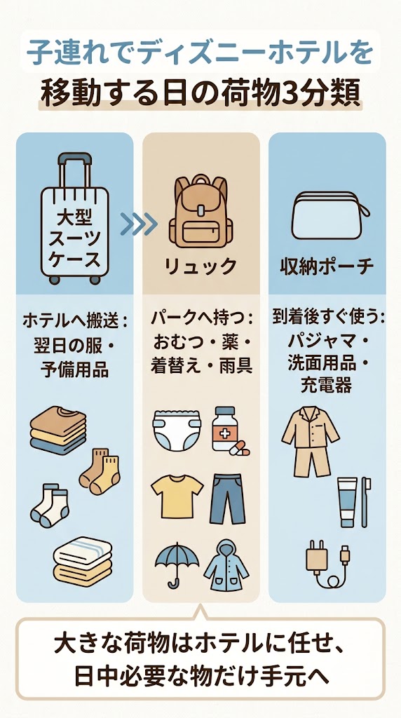 「子連れでディズニーホテルを移動する日の荷物3分類」を説明する縦型インフォグラフィック