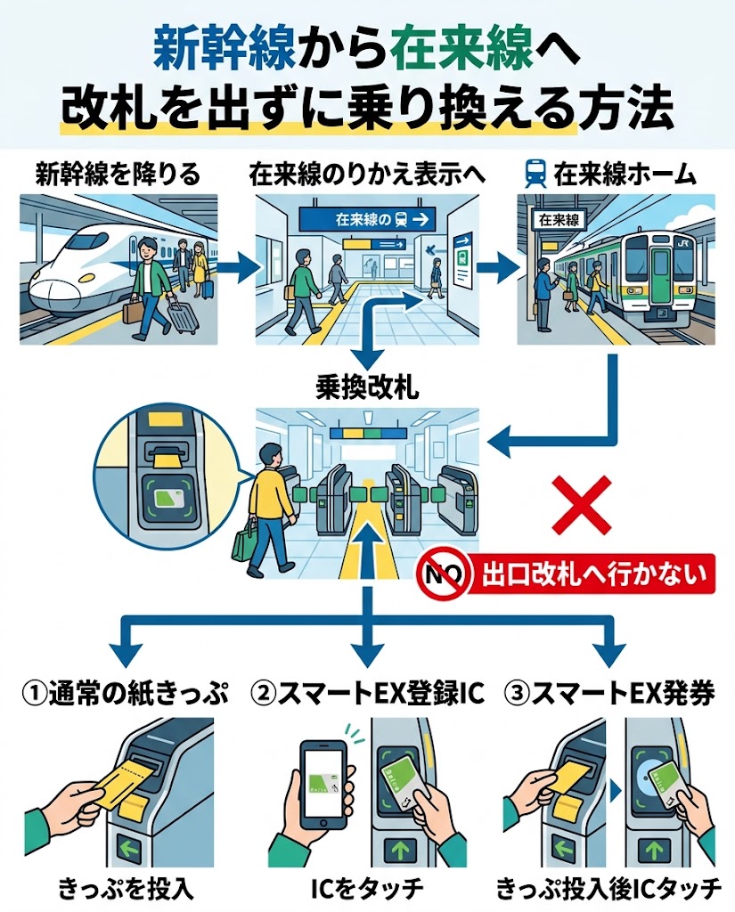 「新幹線から在来線へ改札を出ずに乗り換える方法」を説明する日本語インフォグラフィック