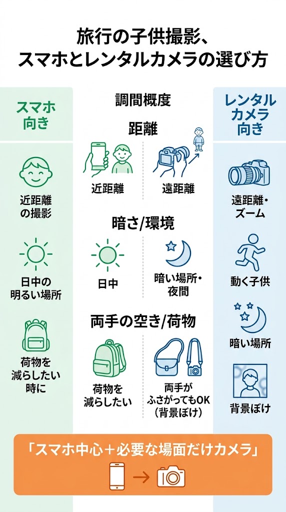 「旅行の子供撮影、スマホとレンタルカメラの選び方」をテーマにした日本語インフォグラフィック