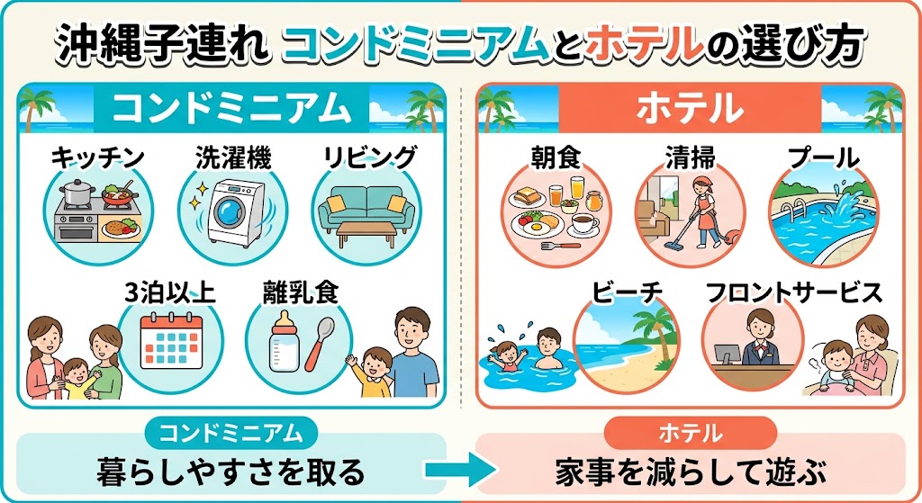 「沖縄子連れ コンドミニアムとホテルの選び方」を一枚で理解できる日本語インフォグラフィック