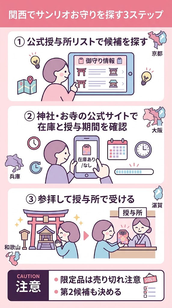 『関西でサンリオお守りを探す3ステップ』の日本語インフォグラフィック