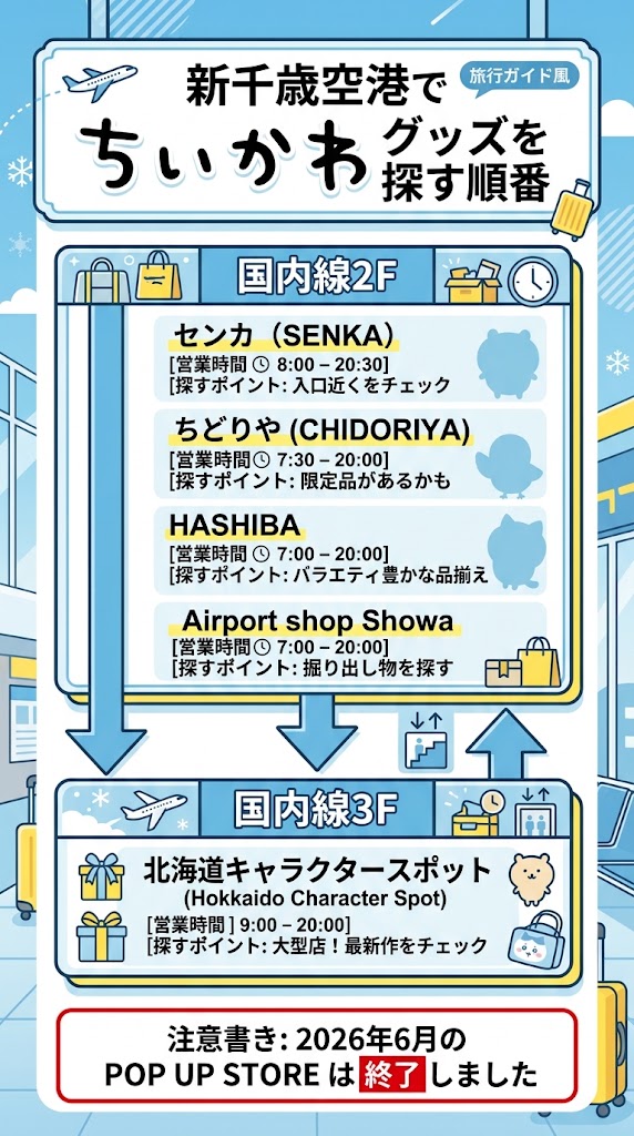 新千歳空港でちいかわグッズを探す順番を説明する縦型インフォグラフィック