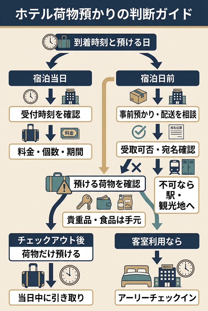 ホテルのチェックイン前後に荷物を預ける判断手順を俯瞰できる、縦長の日本語インフォグラフィック