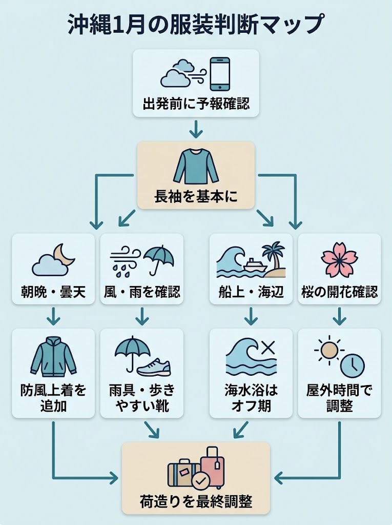 沖縄1月旅行の服装と荷造りを判断する流れを、縦長のインフォグラフィック