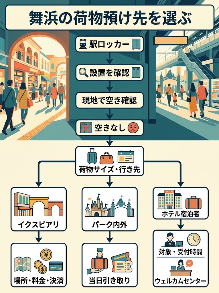 舞浜駅周辺で荷物を預けるまでの判断を俯瞰できる、縦長の日本語インフォグラフィック